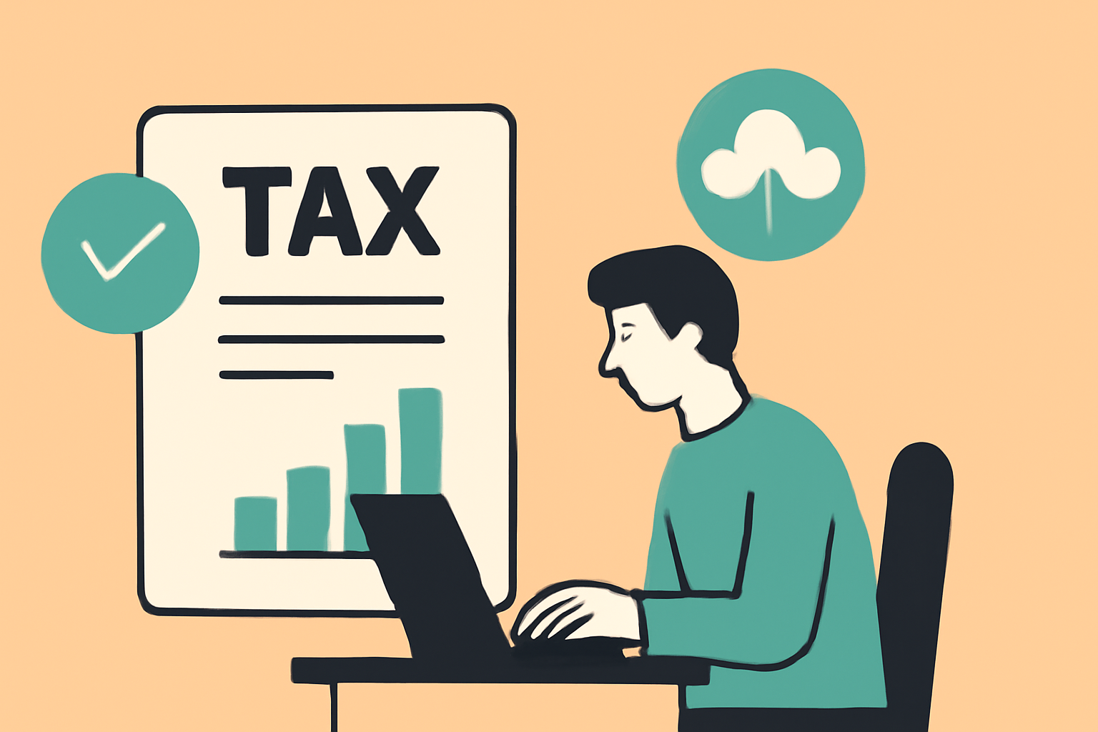 A man sits on his computer in fornt of a wall graph that says 'TAX'