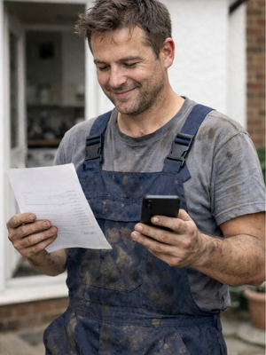 A plumber with dirty hands and overalls processes a a receipt on his phone
